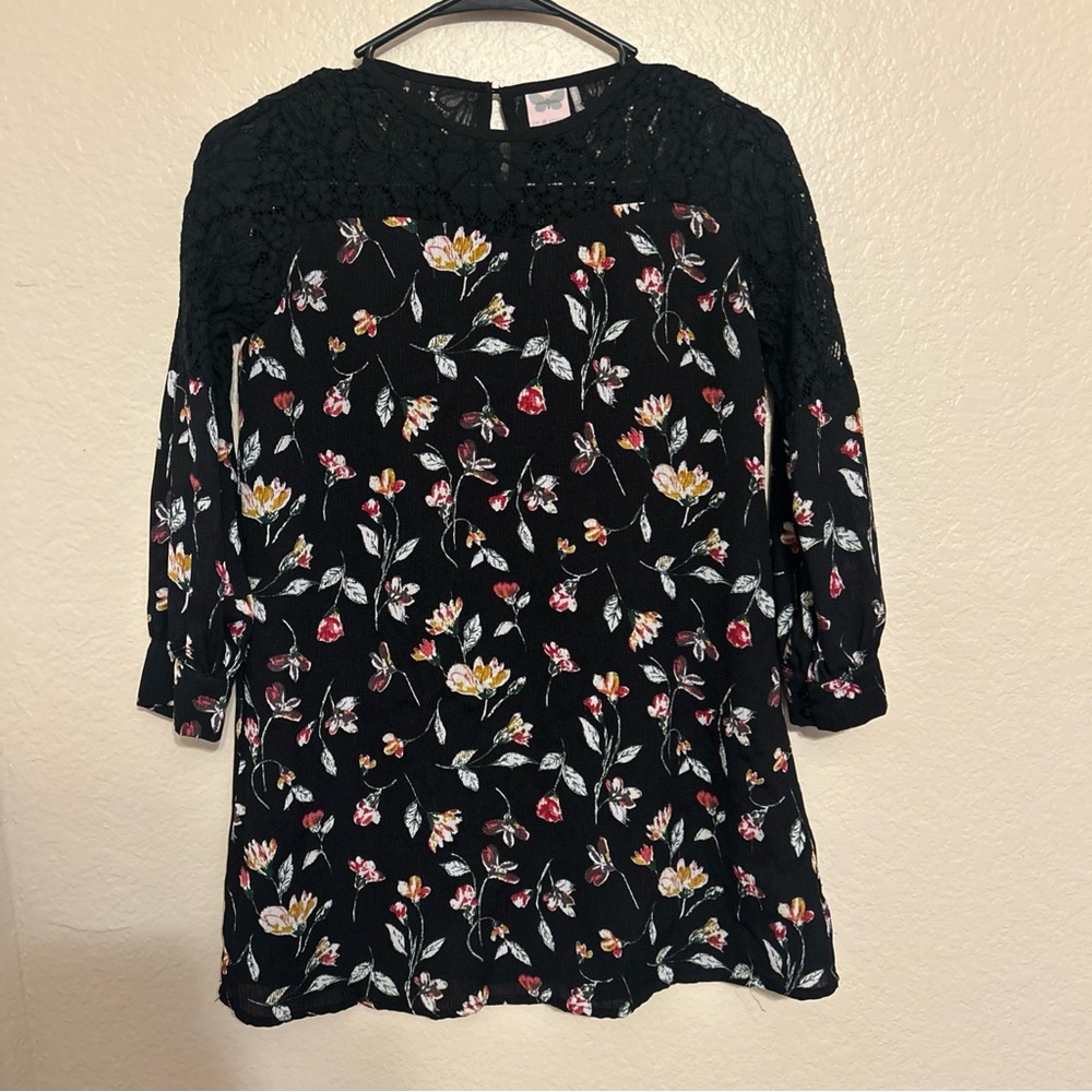 Paper Crane For all Seasons Kids Dress Size L 10 Floral Print Black Lace Sleeve